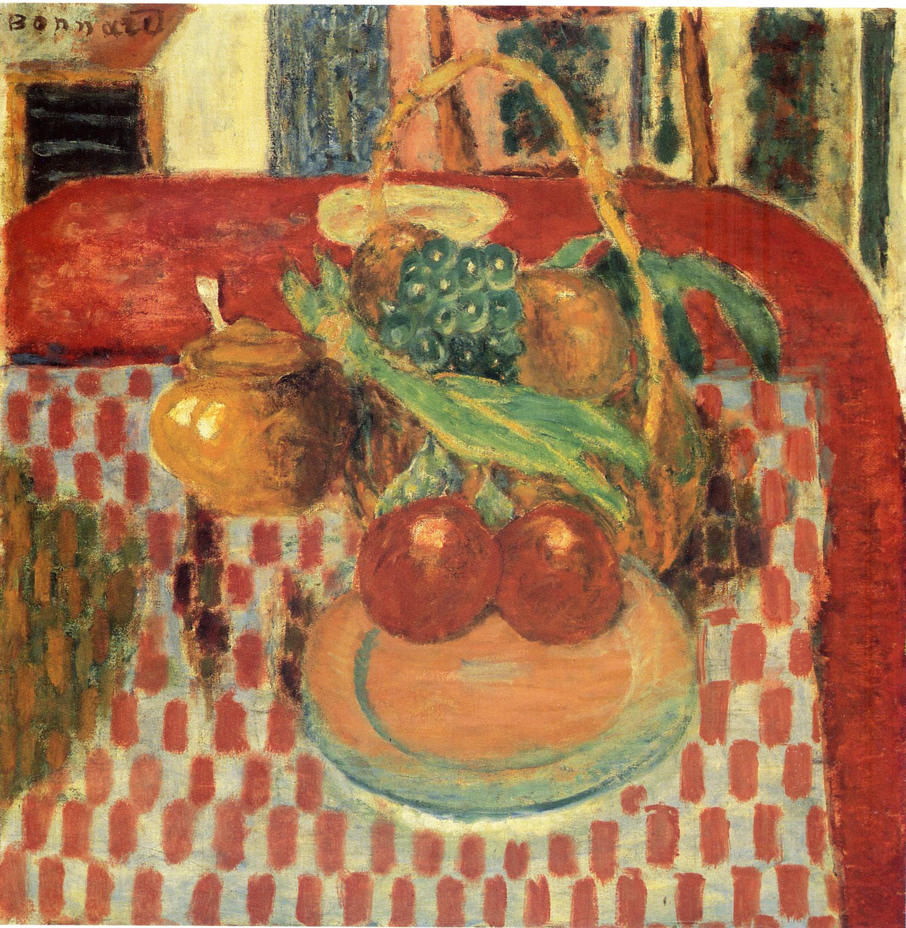 Basket and Plate of Fruit on a Red Checkered Tablecloth (1939) Pierre Bonnard tablo - Dekolata