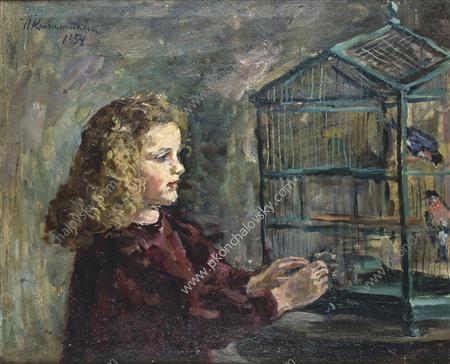 A girl with a bird (1954) Pyotr Konchalovsky tablo - Dekolata
