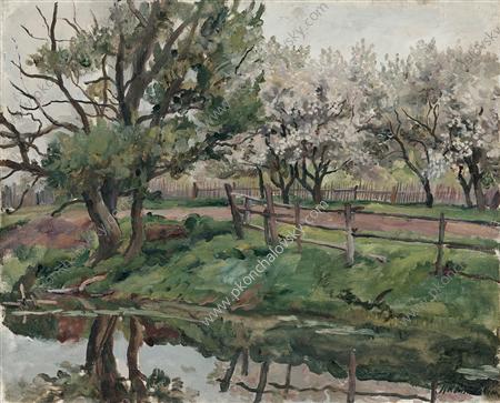 Grey day. Blossoming apple trees by the pond. (1937) Pyotr Konchalovsky tablo - Dekolata