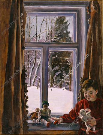 Katya with a doll by the window (1936) Pyotr Konchalovsky tablo - Dekolata