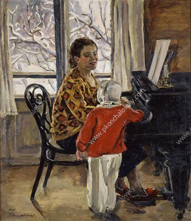 Natalia Petrovna with Katya at the piano (1935) Pyotr Konchalovsky tablo - Dekolata