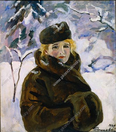 Portrait of Anna Kondratyevna Reyhshtadt against the background of a winter landscape (1935) – Pyotr Konchalovsky Tablo