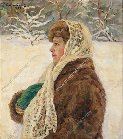 Portrait of Natalia Petrovna Konchalovskaya, daughter of the artist. Against the backdrop of a winte (1953) Pyotr Konchalovsky tablo - Dekolata