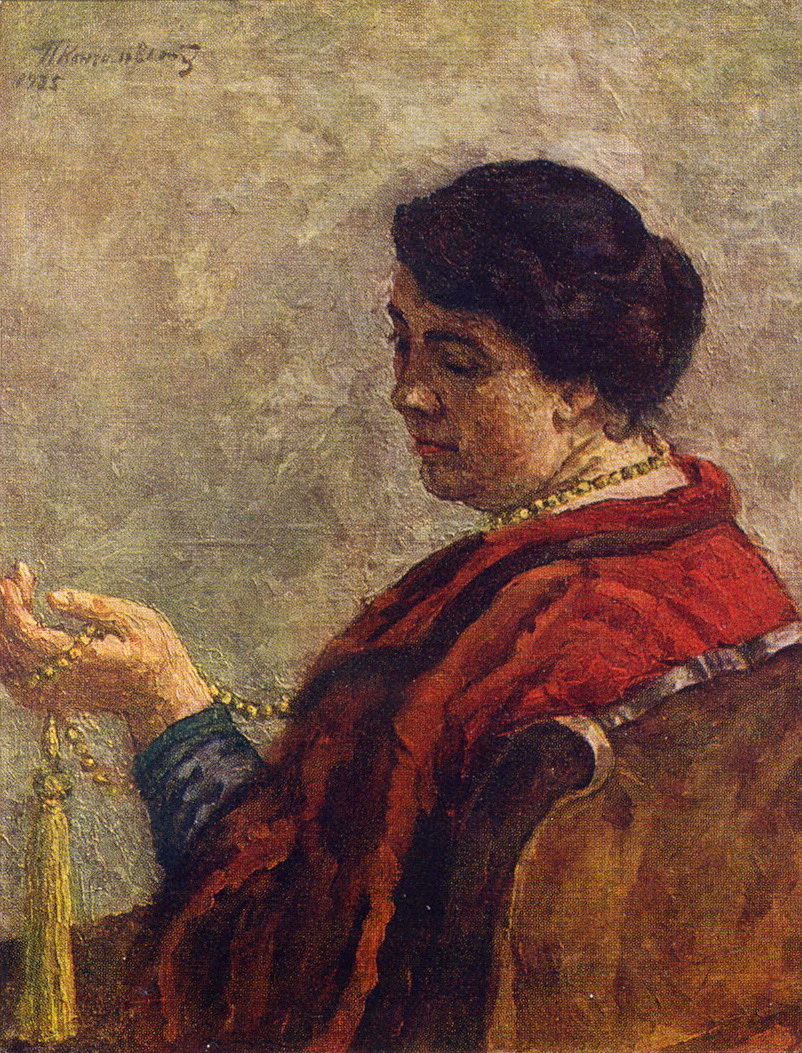 Portrait of Olga Konchalovsky, the artist's wife (with red beads) (1925) Pyotr Konchalovsky tablo - Dekolata