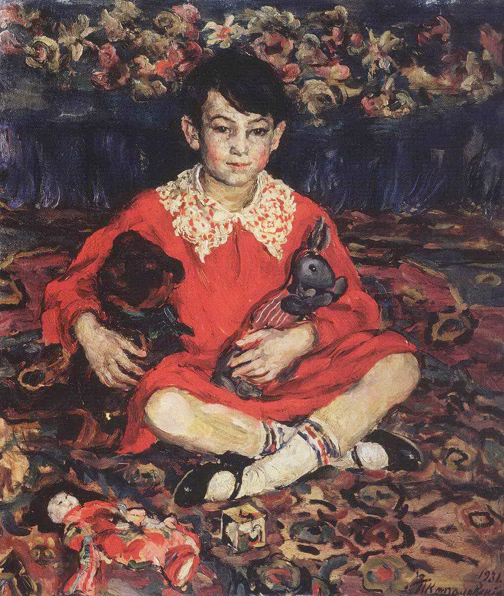 Portrait of girl sitting on a colorful carpet with the toys. (Kamushka Benediktova). (1931) Pyotr Konchalovsky tablo - Dekolata