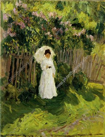 Portrait of the artist's wife, Olga Konchalovskaya. Under the umbrella in the garden. (1904) Pyotr Konchalovsky tablo - Dekolata