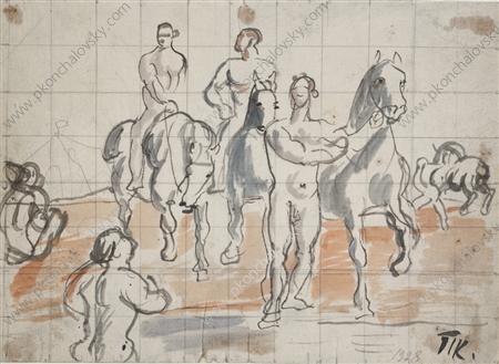 Sketch of composition for the painting 'Bathing cavalry' (1928) Pyotr Konchalovsky tablo - Dekolata
