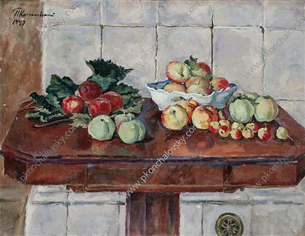 Still Life. Apples on a table near the stove. (1947) Pyotr Konchalovsky tablo - Dekolata