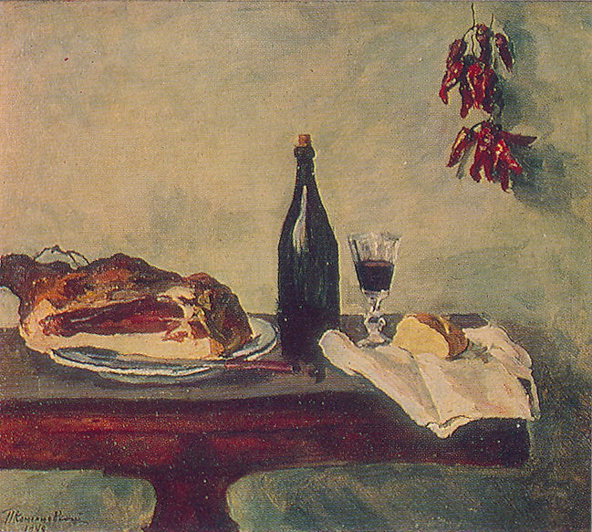 Still Life. Bread, ham and wine. (1948) Pyotr Konchalovsky tablo - Dekolata