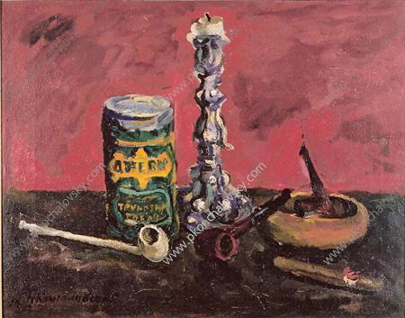 Still Life. Candlestick and the tube on a red background. (1947) Pyotr Konchalovsky tablo - Dekolata