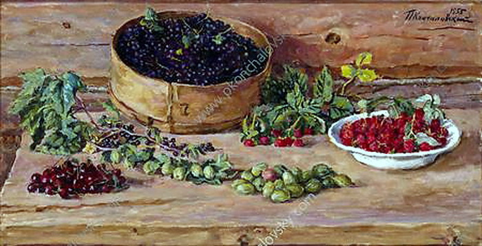 Still Life. Currants on a sieve. (1955) Pyotr Konchalovsky tablo - Dekolata