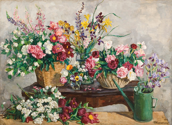 Still Life. Four bouquets on the table and watering can. (1939) Pyotr Konchalovsky tablo - Dekolata