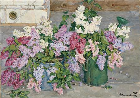 Still Life. Lilac, a bucket and a watering can. (1955) Pyotr Konchalovsky tablo - Dekolata