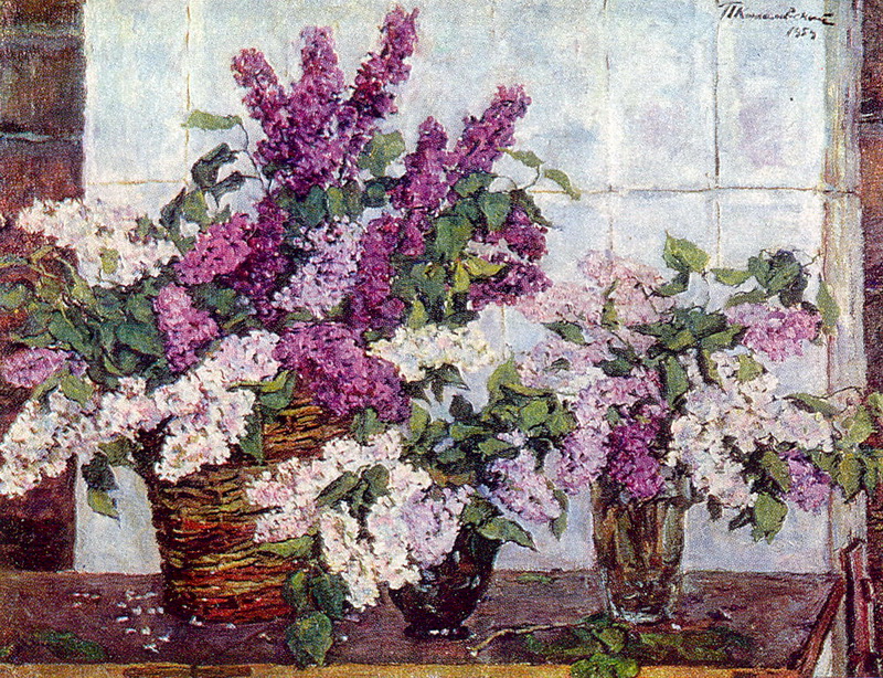 Still Life. Lilac, crystal vase and a basket. (1954) Pyotr Konchalovsky tablo - Dekolata