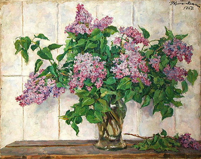 Still Life. Lilacs in a glass jar against the stove. (1952) Pyotr Konchalovsky tablo - Dekolata