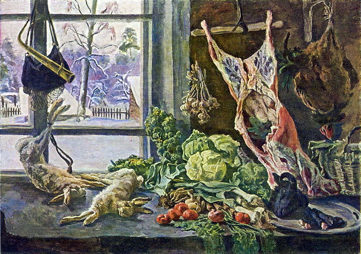 Still Life. Meat, poultry and brussels sprouts against the window. (1937) Pyotr Konchalovsky tablo - Dekolata