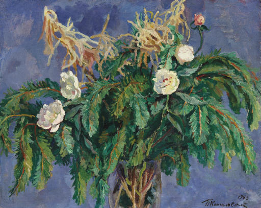 Still Life. Peonies and spruce branches. (1943) Pyotr Konchalovsky tablo - Dekolata