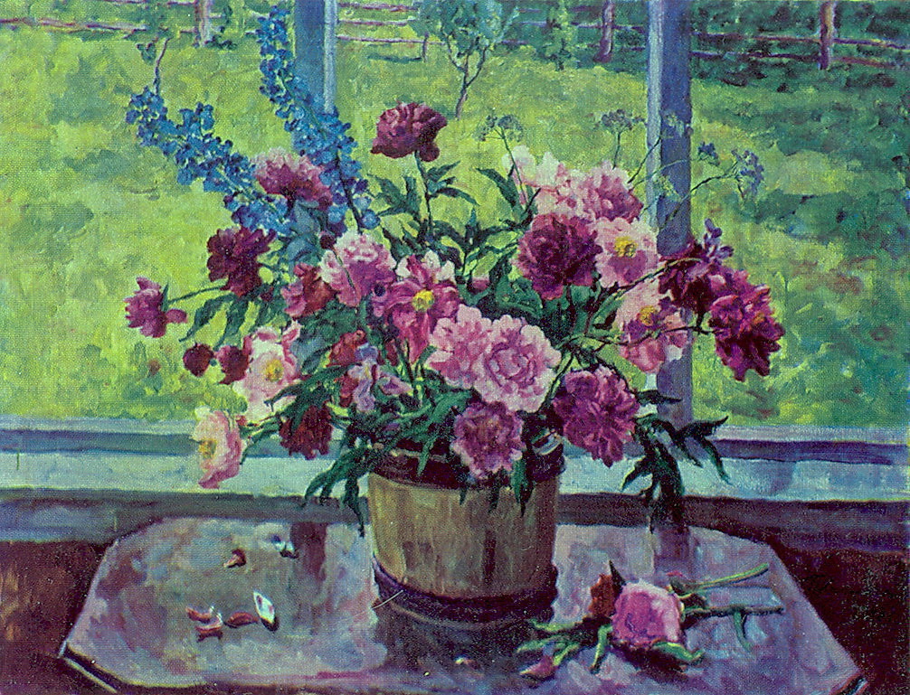 Still Life. Peonies at the window. (1948) Pyotr Konchalovsky tablo - Dekolata