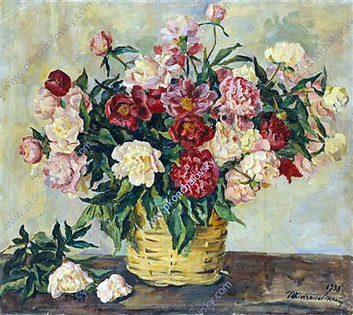 Still Life. Peonies in a basket. (1935) Pyotr Konchalovsky tablo - Dekolata