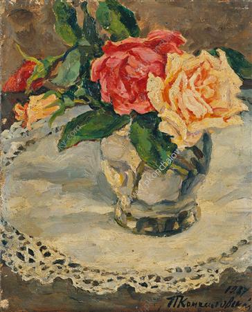 Still Life. Roses on a lace napkin. (1937) Pyotr Konchalovsky tablo - Dekolata