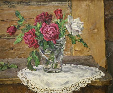 Still Life. Roses on a yellow background. (1953) Pyotr Konchalovsky tablo - Dekolata