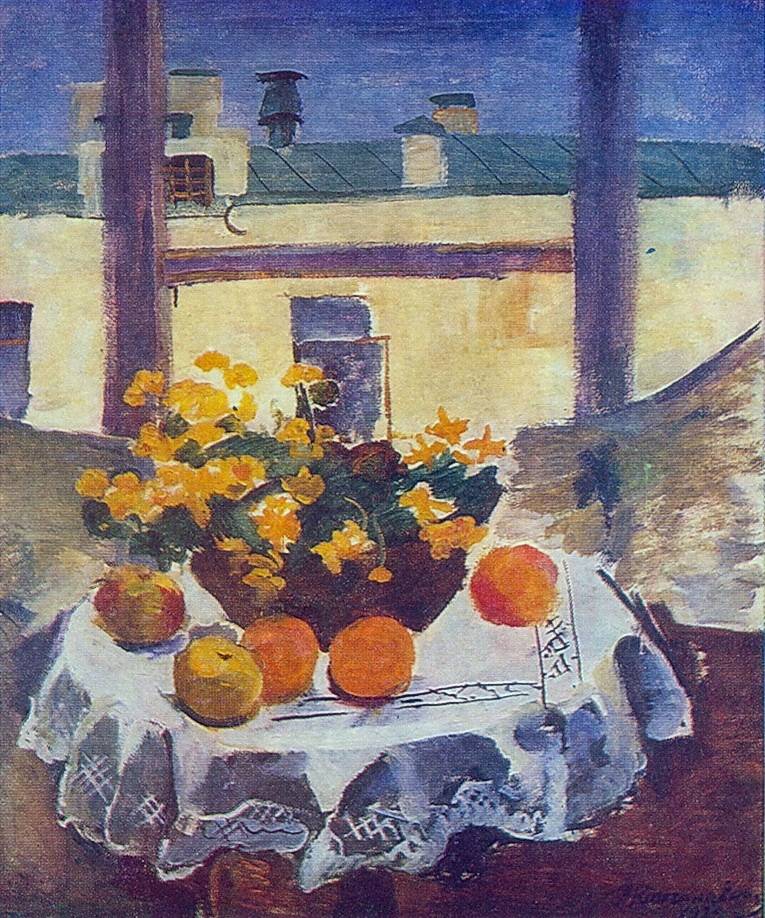 Still Life. Table with fruits and yellow flowers. (1929) Pyotr Konchalovsky tablo - Dekolata