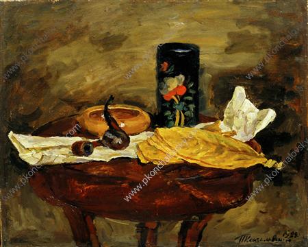 Still Life. Tobacco leaves and black tea caddy. (1929) Pyotr Konchalovsky tablo - Dekolata