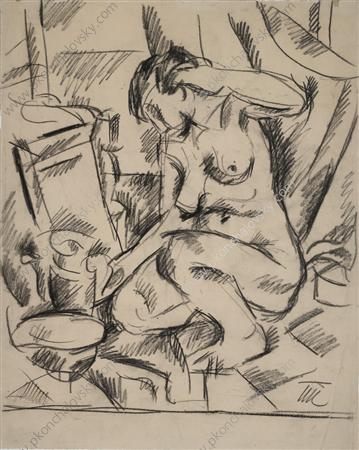 The Model sitting on their haunches. In Fig. for the film 'The Model squatting'. (1919) Pyotr Konchalovsky tablo - Dekolata