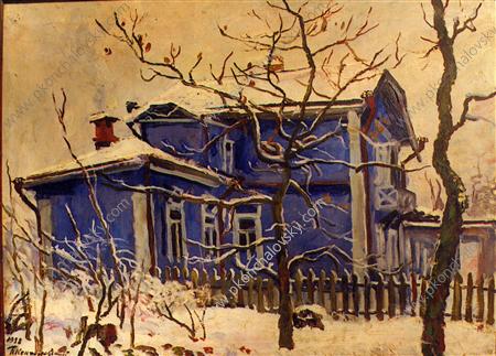 The first snow. The blue cottage. (1938) Pyotr Konchalovsky tablo - Dekolata