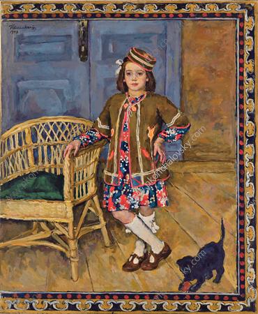 The girl in the Caucasus dress with a cat (Margot) (1948) Pyotr Konchalovsky tablo - Dekolata