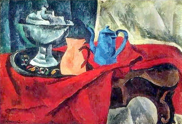 Vessels on the red tablecloth (1916) Pyotr Konchalovsky tablo - Dekolata