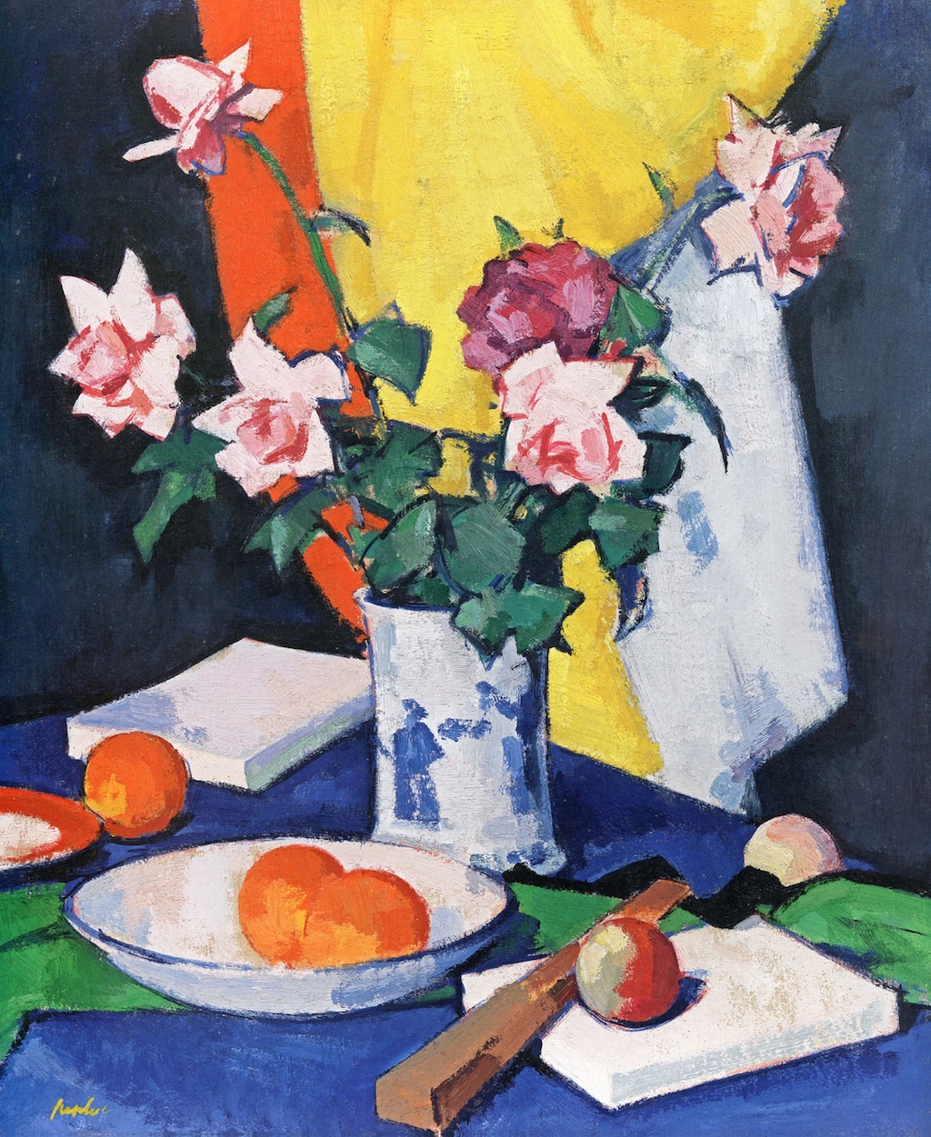 Red and Pink Roses, Oranges and Fan (1924) Samuel Peploe tablo - Dekolata