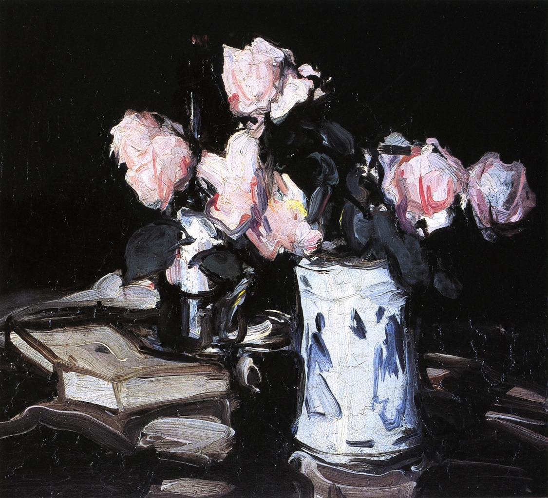 Roses in a Blue and White Vase, Black Background (1904) Samuel Peploe tablo - Dekolata