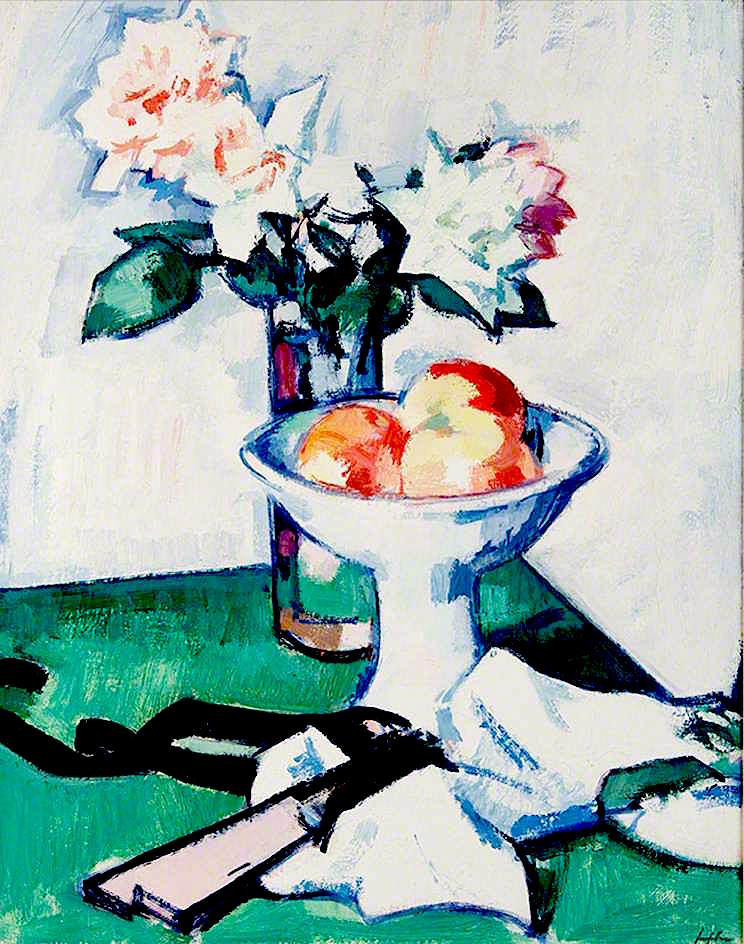 Still Life of Roses and a Bowl of Apples on a Green Tablecloth – Samuel Peploe Tablo