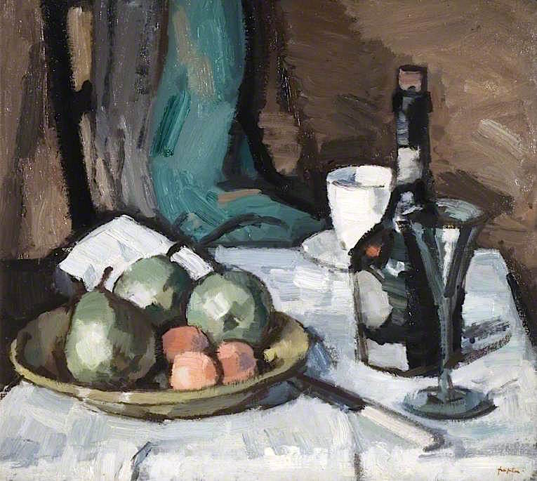 Still Life with a Bowl of Fruit, Bottle, Cup and Glass (1929) Samuel Peploe tablo - Dekolata