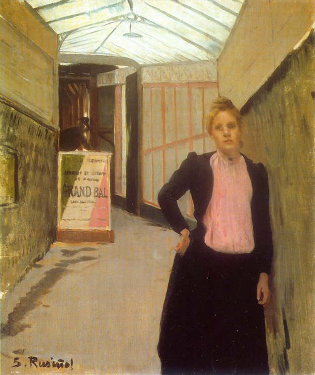 Ticket seller at the Moulin de la Galette dance hall (1890) Santiago Rusiñol tablo - Dekolata