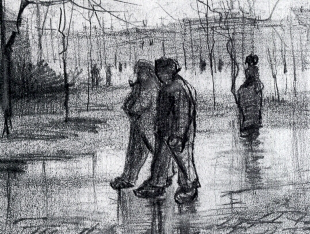 A Public Garden with People Walking in the Rain (1886) Vincent van Gogh tablo - Dekolata