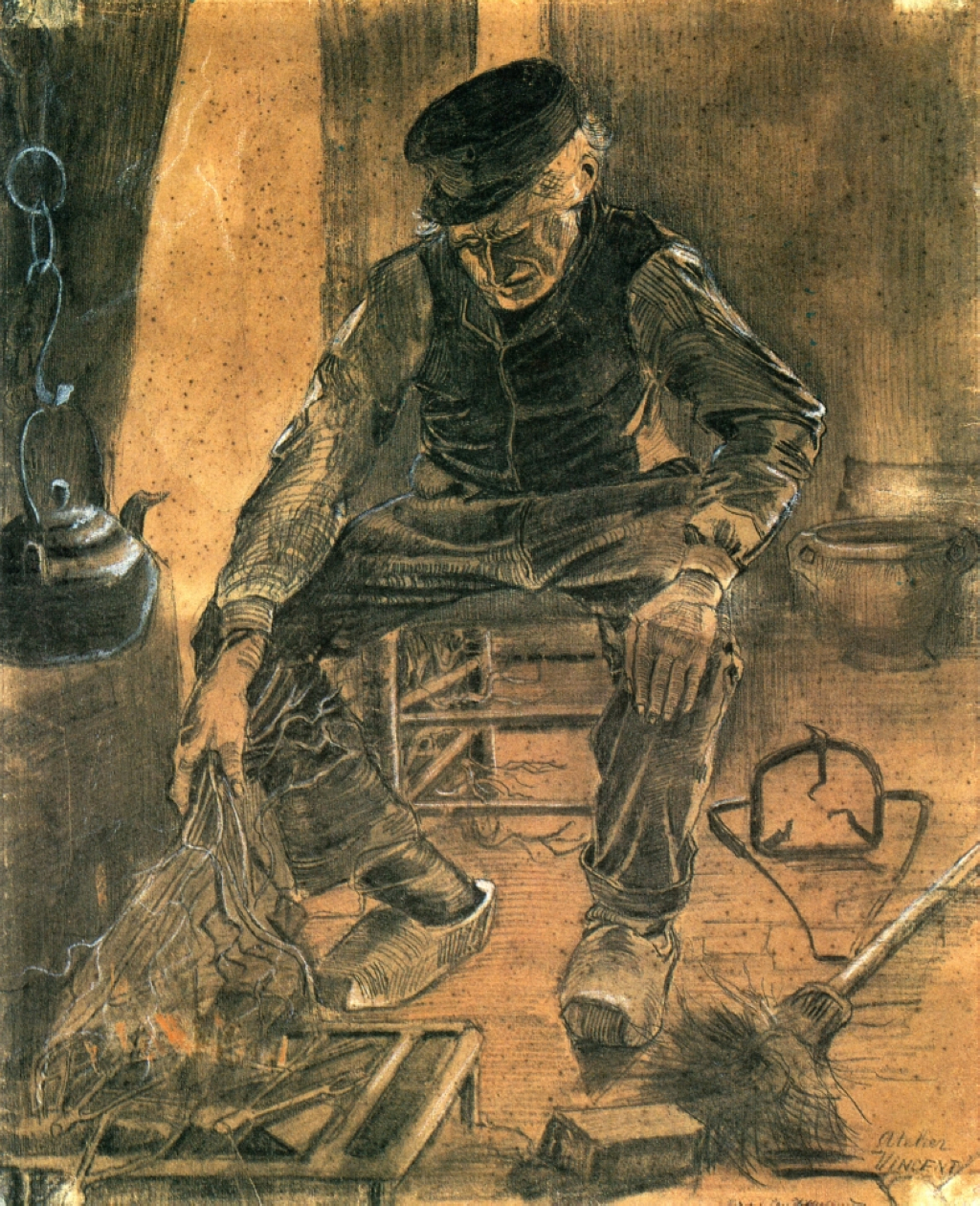 An Old Man Putting Dry Rice on the Hearth (1881) Vincent van Gogh tablo - Dekolata