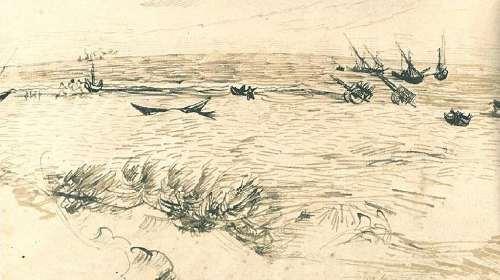Beach, Sea, and Fishing Boats (1888) Vincent van Gogh tablo - Dekolata