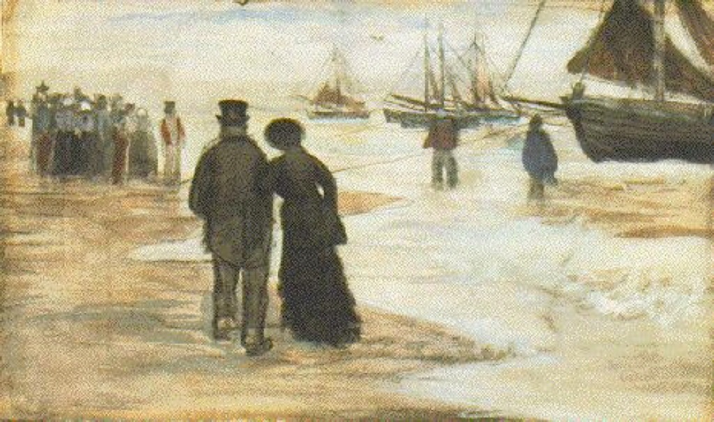 Beach with People Walking and Boats (1882) Vincent van Gogh tablo - Dekolata