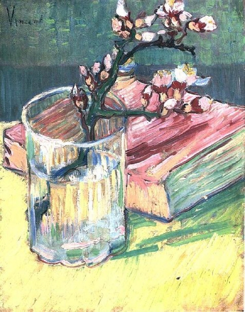 Blossoming Almond Branch in a Glass with a Book (1888) Vincent van Gogh tablo - Dekolata