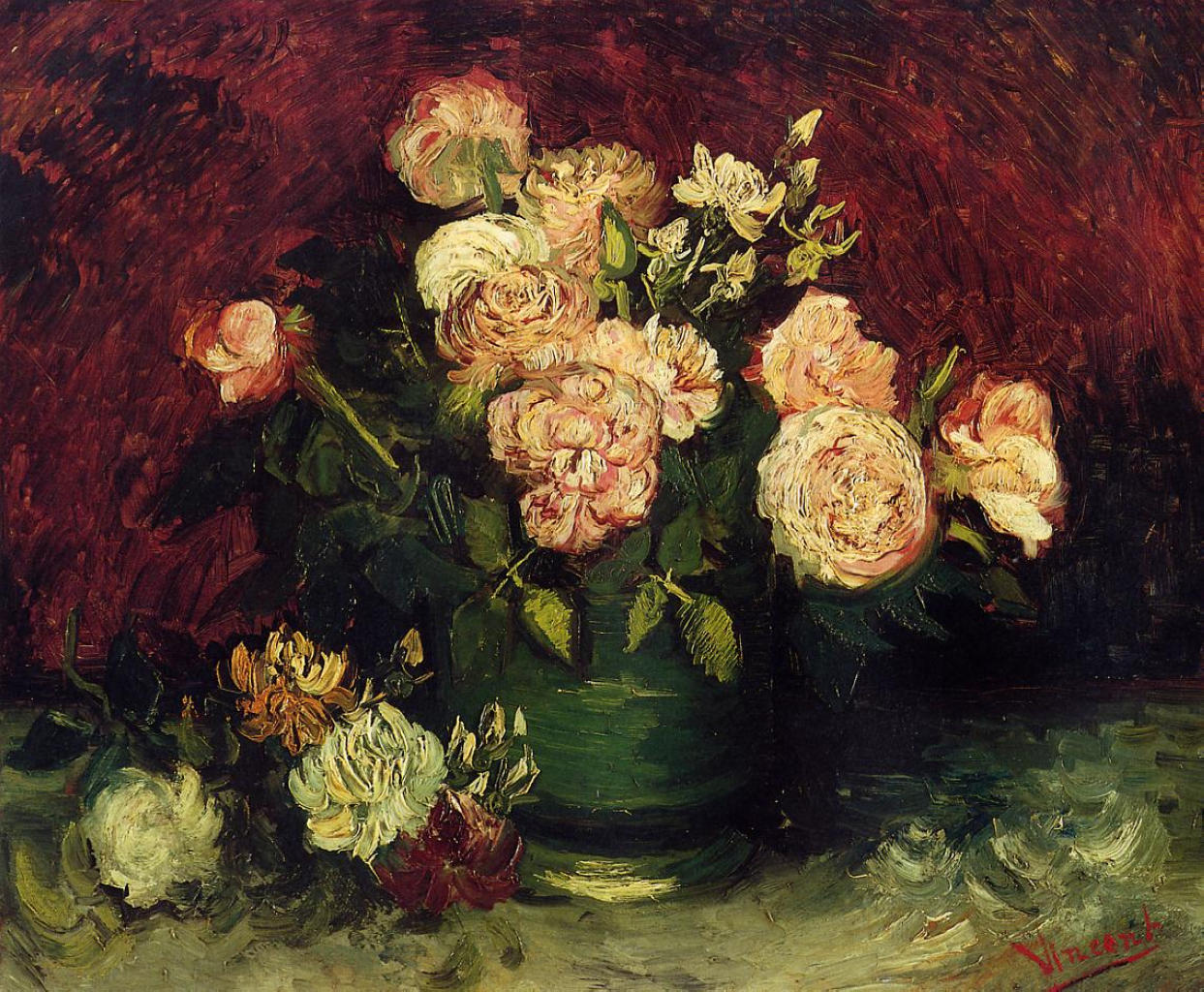 Bowl with Peonies and Roses (1886) Vincent van Gogh tablo - Dekolata