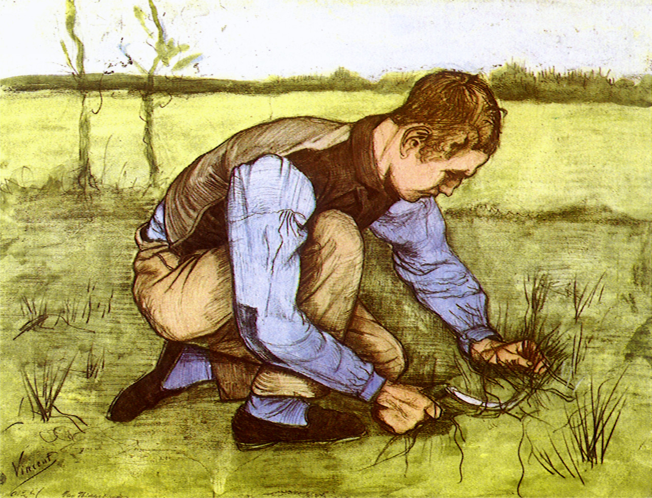 Boy Cutting Grass with a Sickle (1881) Vincent van Gogh tablo - Dekolata