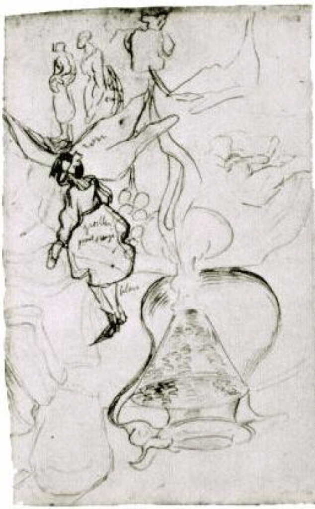 Can, Books, Wineglass, Bread and Arum Sketch of Two Women and a Girl (1890) Vincent van Gogh tablo - Dekolata