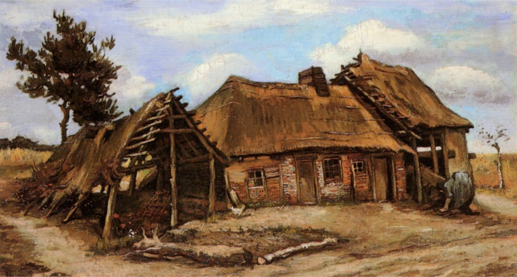 Cottage with Decrepit Barn and Stooping Woman (1885) Vincent van Gogh tablo - Dekolata