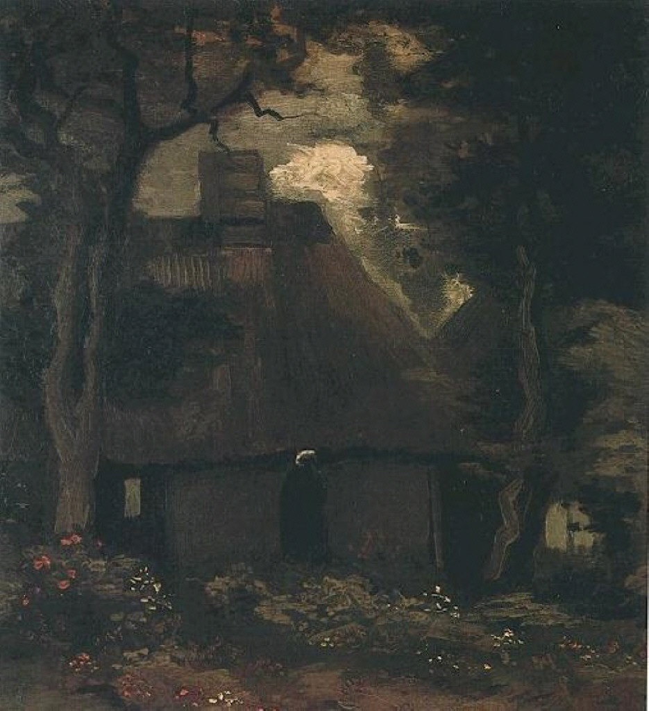 Cottage with Trees and Peasant Woman (1885) Vincent van Gogh tablo - Dekolata
