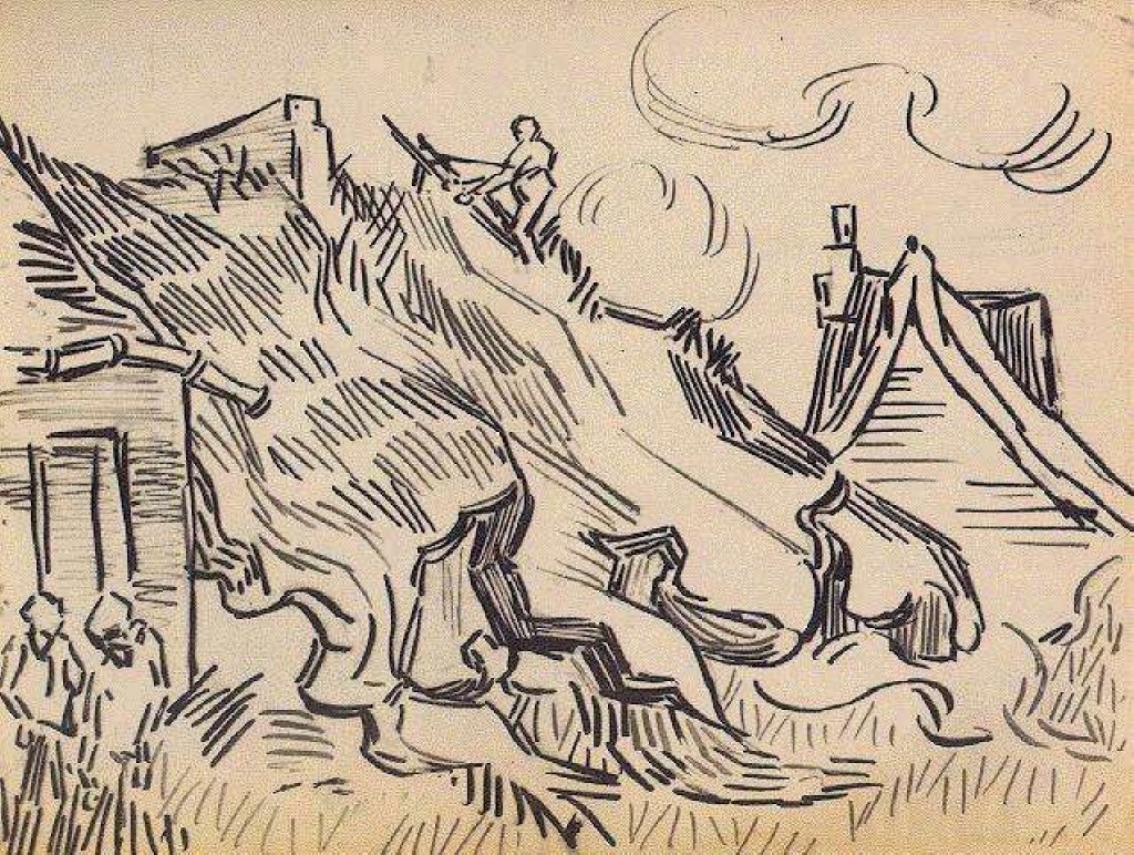 Cottages with Thatched Roofs and Figures (1890) Vincent van Gogh tablo - Dekolata