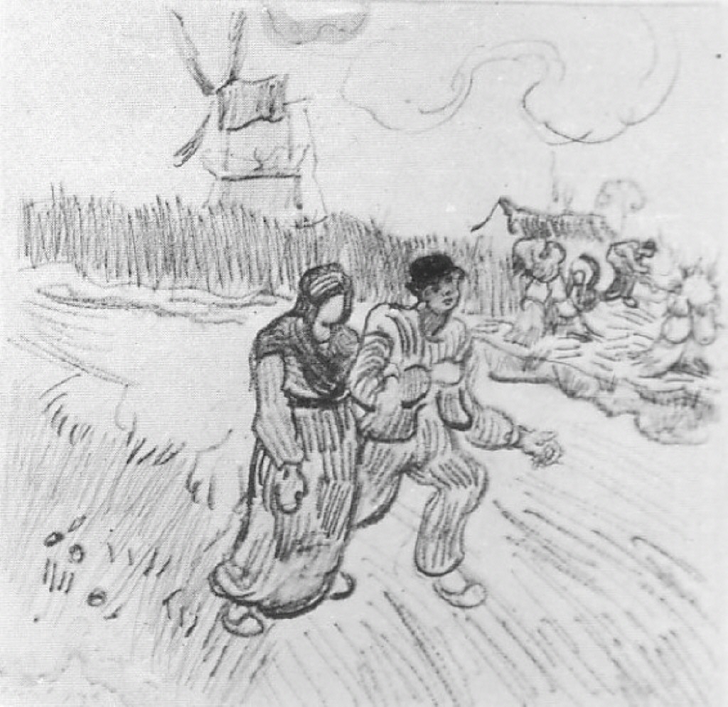 Couple Arm in Arm and Other Figures, with a Windmill in the Background (1890) Vincent van Gogh tablo - Dekolata
