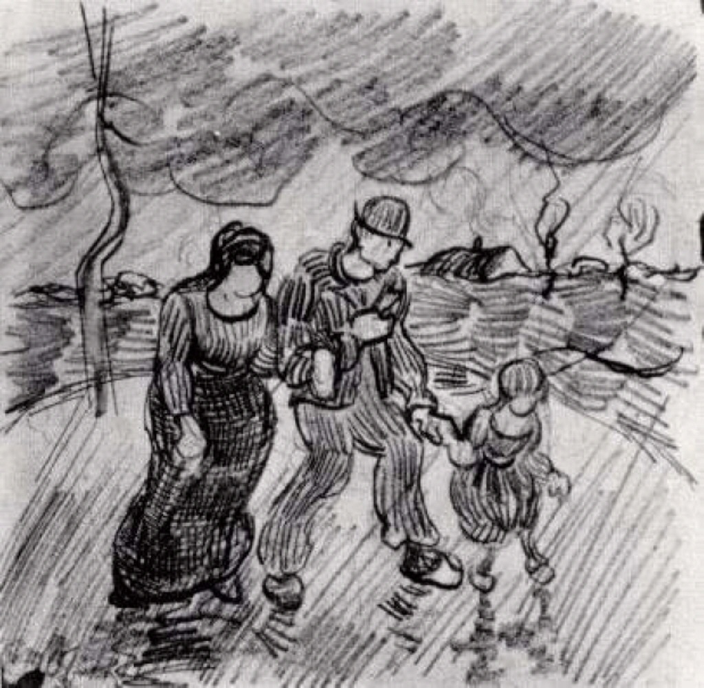 Couple Walking Arm in Arm with a Child in the Rain (1890) – Vincent van Gogh Tablo