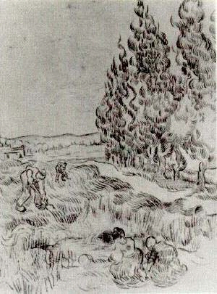 Cypresses with Four People Working in the Field (1890) Vincent van Gogh tablo - Dekolata